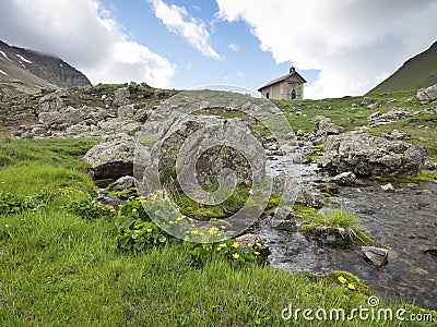 Old chapel near col de vars in french alps of haute provence Stock Photo