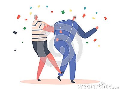 Old Characters Dance Conga, Elderly Man and Woman Stand in Row Actively Spend Time. Grandfather and Grandmothers Leisure Vector Illustration