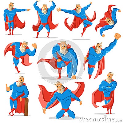 Old charismatic hipster Superhero in different poses. Superhero in action. illustration. Cartoon Illustration