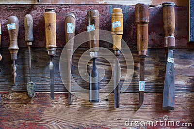 Old Chisels on Walls Stock Photo