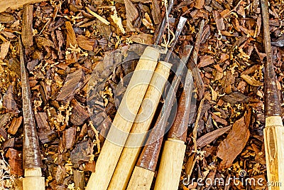 Old chisels in Workbench Stock Photo