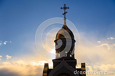 Old Christian church in Kemerovo with golden and gilded domes, b Stock Photo