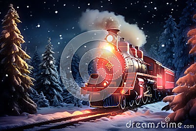 Old christmas steam locomotive driving at night through a dreamlike snowy landscape at christmas time Stock Photo