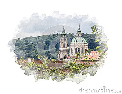 Old church and chapel, view of prague, digital watercolor Stock Photo