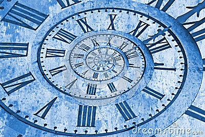 Old church clock in the drost effect. Classic Blue 2020 year color Stock Photo