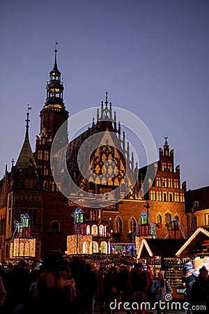 Old church. Evening in Poland. Wroclaw. Christmas fair in the Poland Editorial Stock Photo