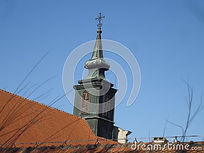 Old church tower in old Petrovaradin town. Novi Sad, Serbia Stock Photo