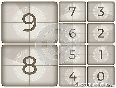 Old cinema countdown. Vintage film intro counting, movie projector count down and retro timer frames isolated vector Vector Illustration