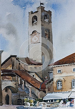 Old city alta citta downtown of Bergamo, Italy, famouse bell tower Stock Photo