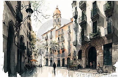 Old city in Barcelona drawing with bit of watercolour Stock Photo