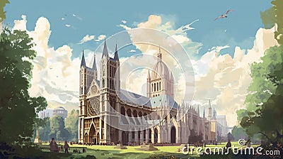 Old City Cathedral Illustration In Goblin Academia Style Cartoon Illustration