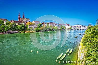 Old city center of Basel with Munster cathedral and the Rhine river, Switzerland Stock Photo