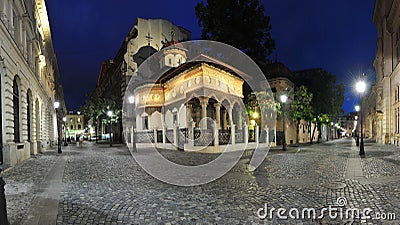 Old city center of Bucharest by night - Stavropoleos monastery Stock Photo