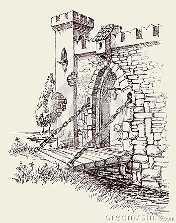 Old city citadel stone gate, wooden bridge over river Vector Illustration