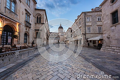 Old City of Dubrovnik, amazing view of medieval architecture along the stone street, tourist route in historic center, Croatia Stock Photo