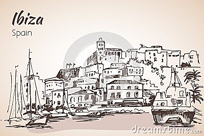 Old city of Ibiza Town, Balearic islands, Spain, Europe. Ibiza c Vector Illustration