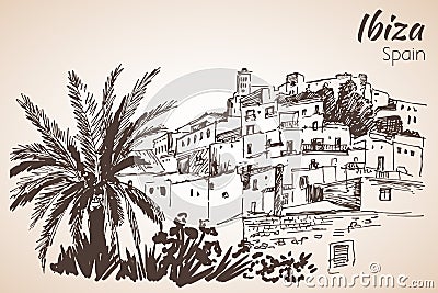 Old city of Ibiza Town, Balearic islands, Spain, Europe. Ibiza c Vector Illustration