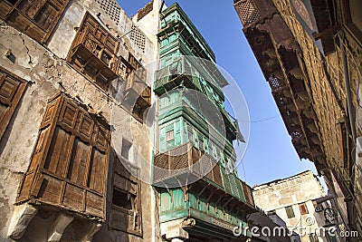 Old city in Jeddah, Saudi Arabia known as Historical Jeddah. Ancient building in UNESCO world heritage historical village Al Balad Stock Photo