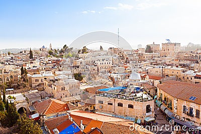 Old City Jerusalem from above. Dormition Abbey. Stock Photo