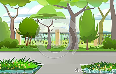 Old city park with a fence. A beautiful natural place to stay. Large trees and paths with sidewalks. Vector Vector Illustration