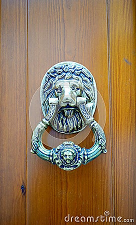 Brown wooden door of fine texture whit a metallic lion head as a door-knock Stock Photo