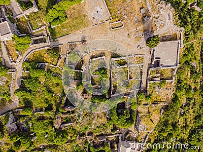 Old city. Sunny view of ruins of citadel in Stari Bar town near Bar city, Montenegro. Drone view Stock Photo