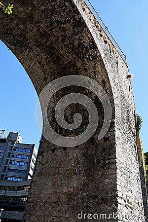 Old City Wall Viaduct, Mura del Barbarossa, Via del Colle, Genoa, Italy Editorial Stock Photo