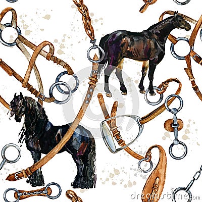 Old city watercolor seamless pattern.harness and horse seamless pattern. watercolor equestrian background. Cartoon Illustration