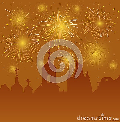 Old Cityscape with Celebration Fireworks Vector Illustration