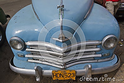 Old clasic light blue cuban car front Editorial Stock Photo