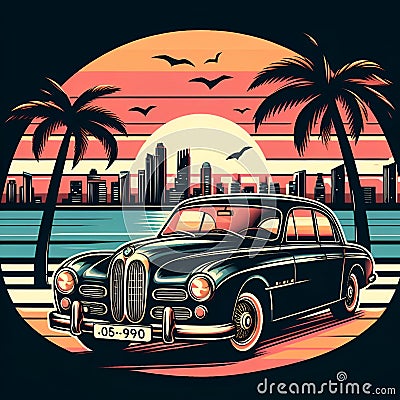 An old classic car in a street, with palm tree, skycrapers, flying birds, sunset view, unique, t-shirt design, black background Stock Photo