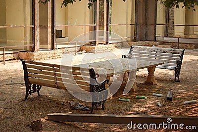 Old Classic Iron Park bench, iron bench and Cente Table Stock Photo Stock Photo