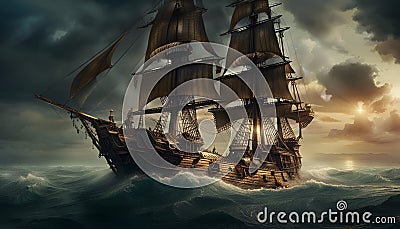 Old classic pirate ship, sailing at a raging sea Stock Photo