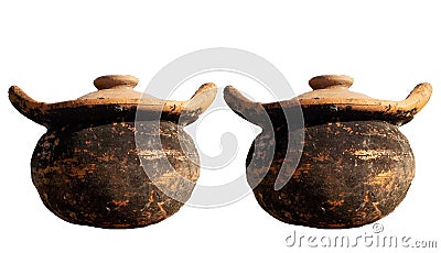 A pair of Old clay pots crockery isolated on white backgrounds Stock Photo