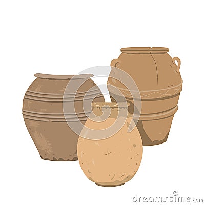 Old clay pot set composition. Antique terracotta pottery vector collection, design element for home or patio decor Vector Illustration