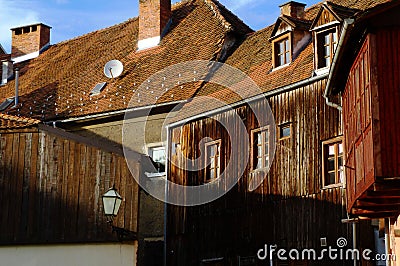old clay sloped residential in downtown Zagreb with wooden plank exterior Editorial Stock Photo