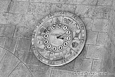 Old clock face shows time signs zodiac on western wall city Jerusalem Editorial Stock Photo