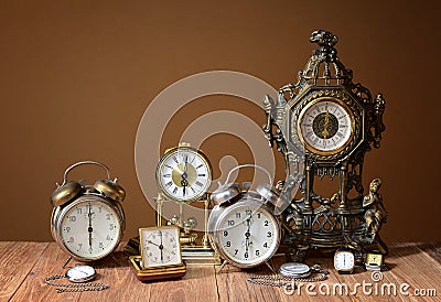 Old clocks, alarm clocks and handheld clocks Stock Photo