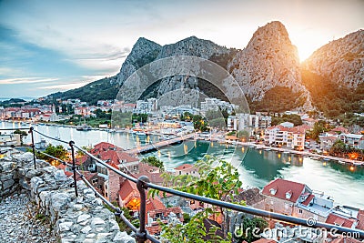 Old coastal town Omis in Croatia at night Stock Photo