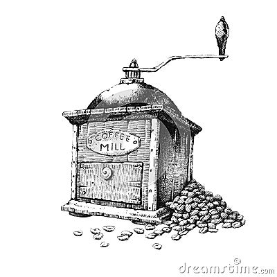 Old coffee grinder. Hand-drawn black and white illustration. Jpeg Cartoon Illustration