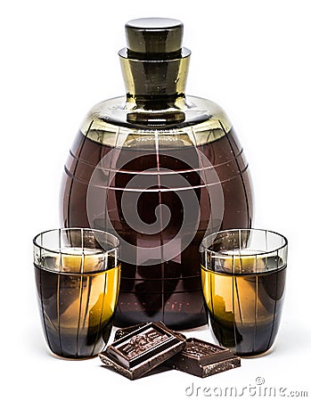 Old cognac in a glass bottle and two shot glasses Stock Photo