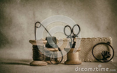 Old coils and vintage sewing accessories. Stock Photo