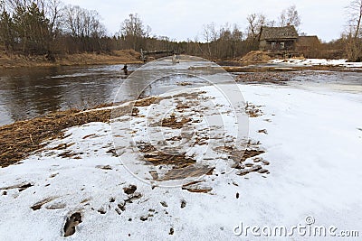 Old collapsed watermills near the river. Stock Photo