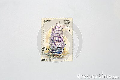 Old collectible stamp of the USSR Post with barque Sedov Editorial Stock Photo