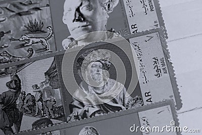 Postage stamps, ancient sculptures Editorial Stock Photo