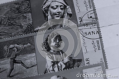 Postage stamps, ancient sculptures Editorial Stock Photo