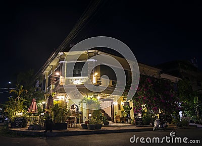 Old colonial houses in kampot town street cambodia at night Editorial Stock Photo