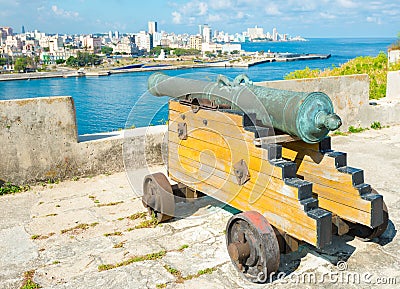 Old colonial spanish cannon aiming at the city of Havana Stock Photo