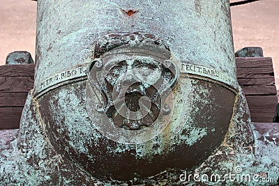 An old colonial Spanish canon with ornamental inlay Stock Photo