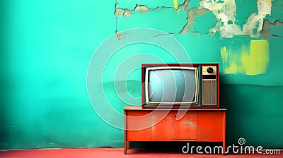 Old colored television and colored wall Stock Photo